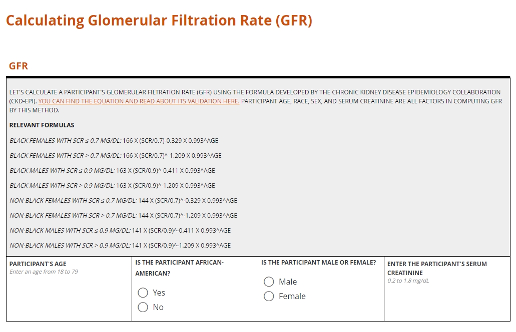 Calculating GFR on a electronic case report form