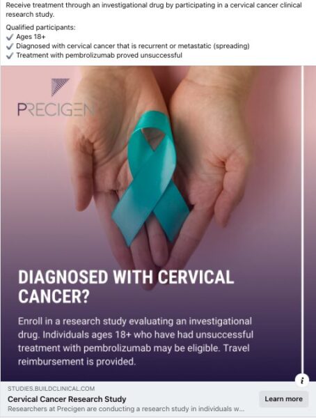 OpenClincia Recruit digital ad - cervical cancer