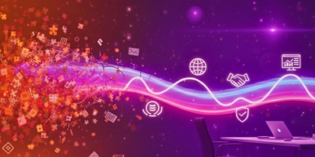 Digital concept showing scattered data icons merging into a smooth, unified flow representing connected clinical systems.