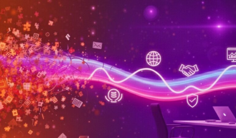Digital concept showing scattered data icons merging into a smooth, unified flow representing connected clinical systems.